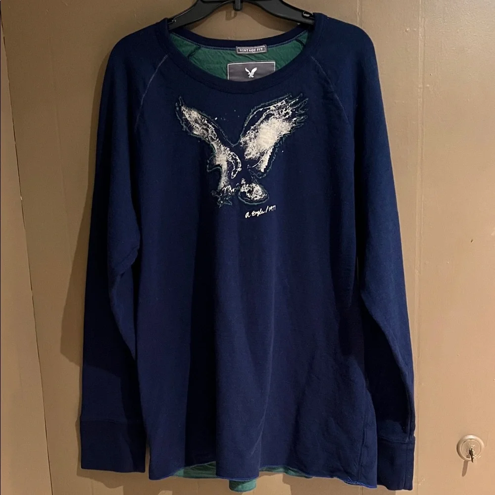 American Eagle Men’s Long Sleeved Graphic  1977 Shirt in Dark Blue Sz XXL